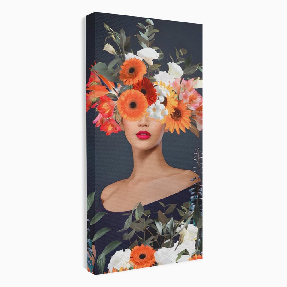 Tablou canvas cu tablou portret femeie cu flori, fara rama, pe sasiu de lemn